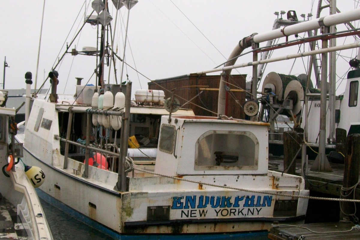 Endorphine, a 58-foot commercial fishing vessel, moored to a pier in Point Judith, Rhode Island in February.