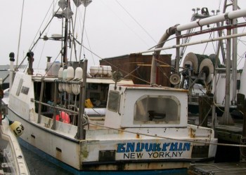 Endorphine, a 58-foot commercial fishing vessel, moored to a pier in Point Judith, Rhode Island in February.