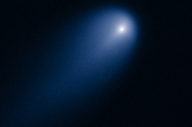 Hubble's view of Comet ISON on April 10, 2013. This image was taken in visible light. The blue false color was added to bring out details in the comet structure. Credit: NASA, ESA, J.-Y. Li (Planetary Science Institute)