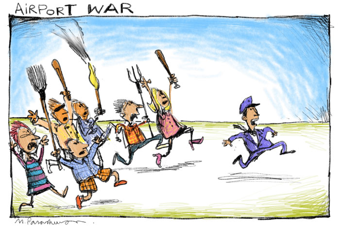 airport war cartoon by mickey paraskevas