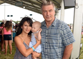 Alec and Hilaria Baldwin with baby Carmen Gabriela at Super Saturday 2014