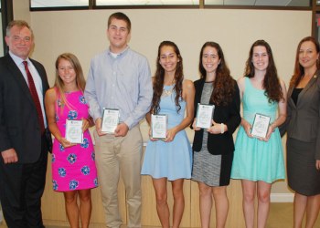 BNB President and CEO Kevin O’Connor stands with the five 2015 Business Scholars Award recipients: Madison Flotteron, Frank Leotta, Stephanie McAleer, Meagan Loyst, and Courtney Murphy. To their right is BNB’s Hampton Bays Branch Manager and Scholarship Committee Head, Christie Pfeil.