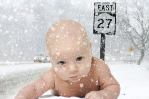Baby in snow, Hamptons, Route 27