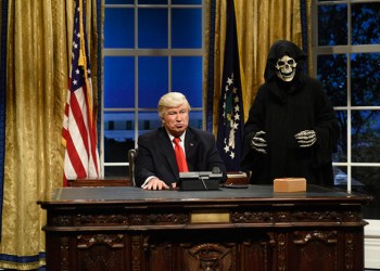 Alec Baldwin as Trump with reaper Steve Bannon on the February 4, 2017 SNL cold open sketch