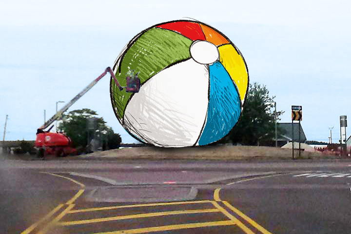 Mickey Paraskevas' "beachball" alternative" to "Walking Figure" in Westhampton,