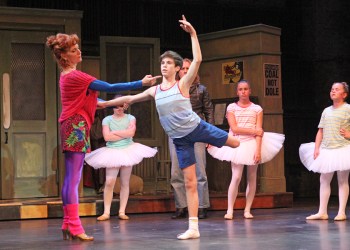 Janet Dickinson (Mrs Wilkinson) and Mitchell Tobin (Billy Elliot) Ballet Girls, (L to R) Erin Haggerty, Courtney Giattino and Emily Martin in Billy Elliot at Patchogue Theatre.