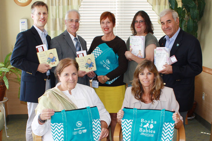 Steve Long, Executive Director, Children’s Museum of the East End; Steven Bernstein, President, Southampton Hospital Foundation; Stacey Brosnan, CNM, Nurse Manager, Kathleen D. Allen Maternity Center; Sarah Doherty, Southampton Store Manager, BookHampton; and Andrew Sabin, Andrew Sabin Family Foundation. (l. to r., seated) Maureen Flanagan and Diane Guida, Southampton Teachers Association. (not pictured) Charlene Spektor, Owner, BookHampton