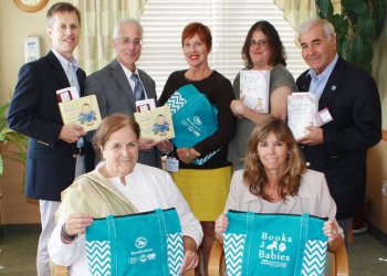 Steve Long, Executive Director, Children’s Museum of the East End; Steven Bernstein, President, Southampton Hospital Foundation; Stacey Brosnan, CNM, Nurse Manager, Kathleen D. Allen Maternity Center; Sarah Doherty, Southampton Store Manager, BookHampton; and Andrew Sabin, Andrew Sabin Family Foundation. (l. to r., seated) Maureen Flanagan and Diane Guida, Southampton Teachers Association. (not pictured) Charlene Spektor, Owner, BookHampton