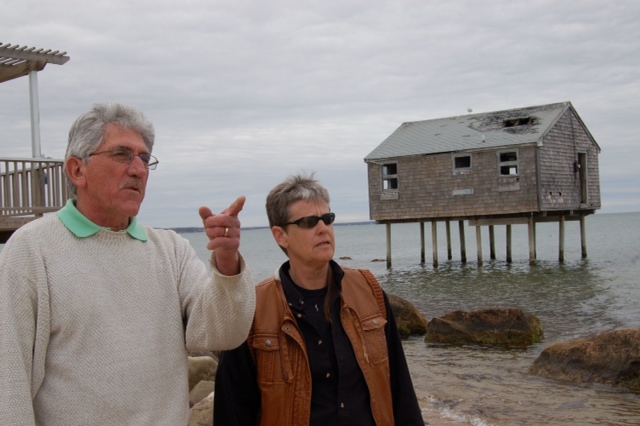 East Hampton Town Supervisor Larry Cantwell visits the Napeague-Lazy Point neighborhood with a resident of Mulford Lane, Amagansett.
