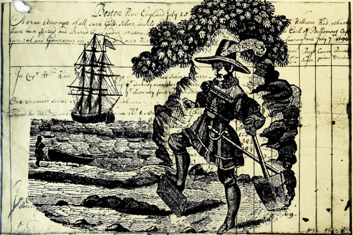 Captain Kidd depicted in "The Pirates Own Book" by Charles Ellms and the receipt for his Gardiner's treasure, Courtesy of the East Hampton Library, Long Island Collection