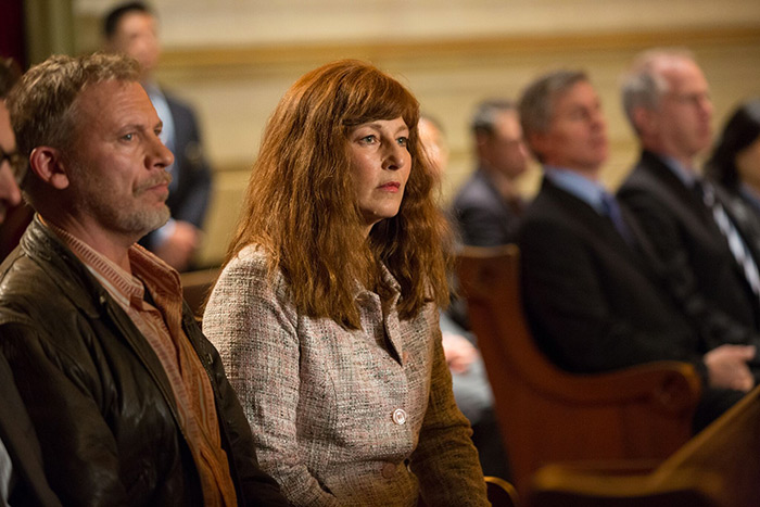 Actors Callum Keith Rennie and Catherine Keener in a courtroom scene from the film "Little Pink House"