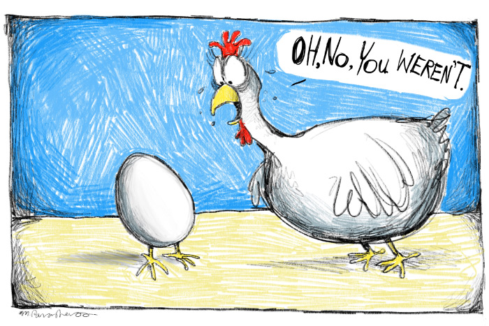 Chicken or egg cartoon by Mickey Paraskevas