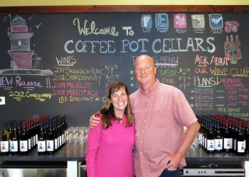 Laura Klahre and Adam Suprenant in their Coffee Pot Cellars tasting room