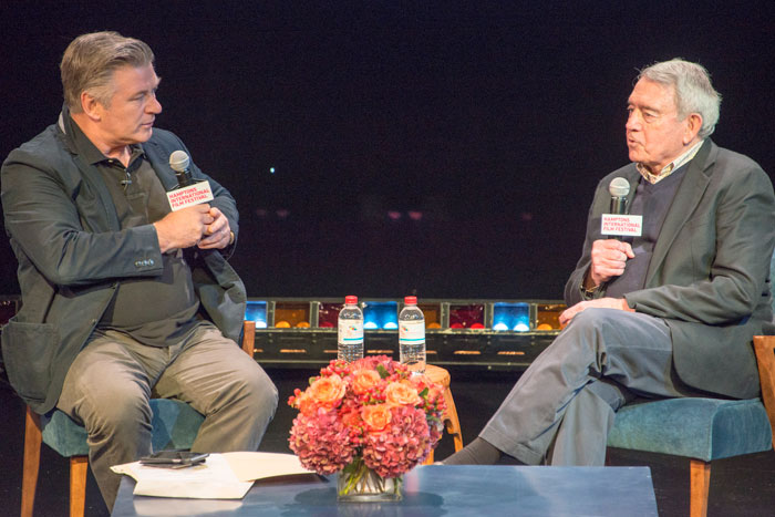 Alec Baldwin and Dan Rather at Bay Street Theater on October 10, 2015, for A Conversation With Dan Rather.