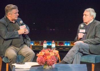 Alec Baldwin and Dan Rather at Bay Street Theater on October 10, 2015, for A Conversation With Dan Rather.
