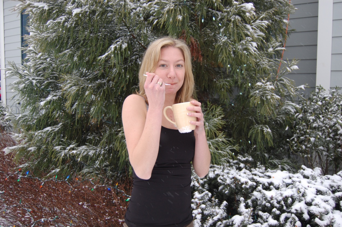 Kelly Laffey trains for the Polar Bear Plunge by taking her lunch breaks outside—eating a mug full of Häagen-Dazs ice cream.