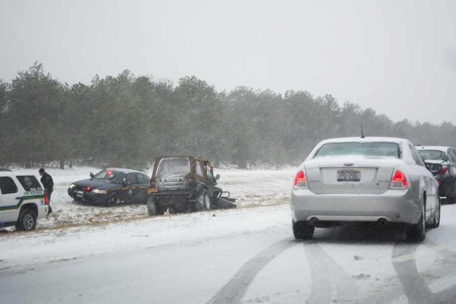 A Jeep in the median of Sunrise Highway on January 26 during the start of a blizzard.