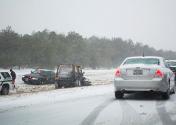 A Jeep in the median of Sunrise Highway on January 26 during the start of a blizzard.