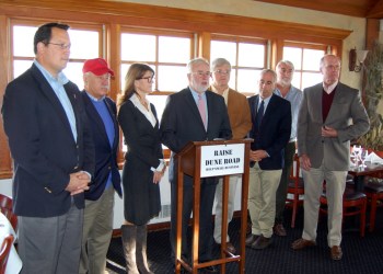 Chris Nuzzi, Ken LaValle, Anna Throne-Holst, Tim Bishop, Fred Thiele, Jay Schneiderman, Alex Gregor and Peter Sartorius. Dune Road Press Conference