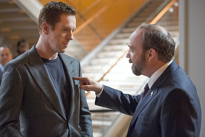 Damian Lewis as Bobby "Axe" Axelrod and Paul Giamatti as Chuck Rhoades in Billions (Season 1, Episode 1)