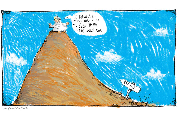 Dan on the Mountaintop cartoon by Mickey Paraskevas