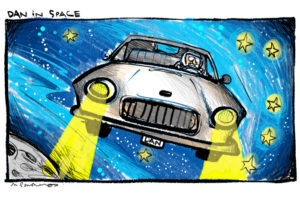 Dan in space cartoon by Mickey Paraskevas