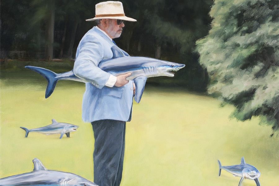 Detail of Dan's Papers cover, "Self Portrait with Sharks," by Doug Reina