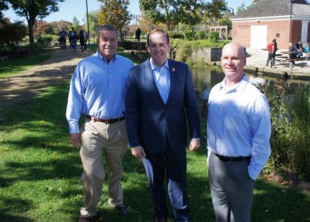 Riverhead Chamber of Commerce new Board President Bob Kern of 2XS Consulting, with Lee Zeldin and Dave Bergen, dean at SCCC Culinary Arts & Hospitality Center.