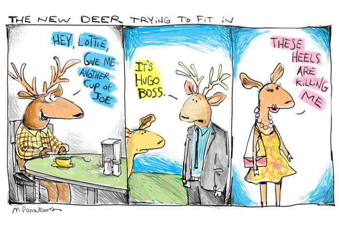 Deer smarts cartoon by Mickey Paraskevas