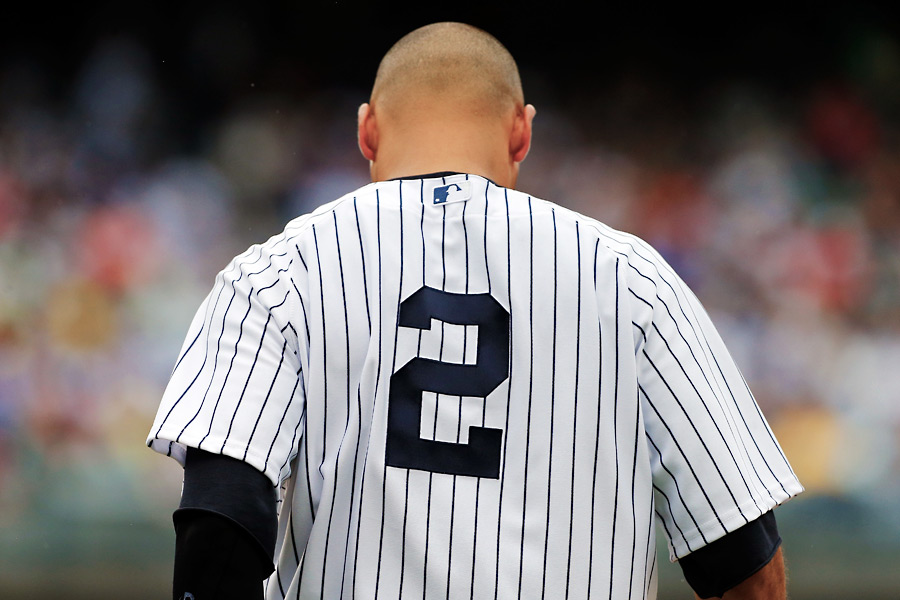 Derek Jeter steps off the plate for the last time in Yankee Stadium tonight