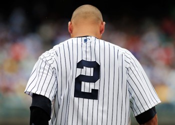 Derek Jeter steps off the plate for the last time in Yankee Stadium tonight