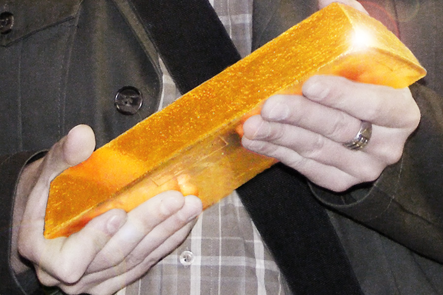 Derwood Hodgegrass shows off potential art supplies in the form of a gold bar