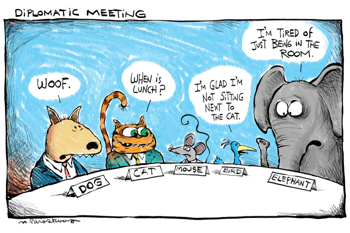 Diplomatic meeting cartoon by Mickey Paraskevas