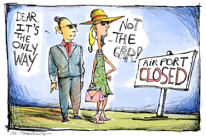 East Hampton Airport cartoon by Mickey Paraskevas