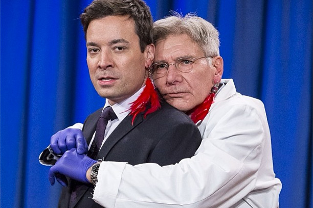 Jimmy Fallon gets pierced by Harrison Ford