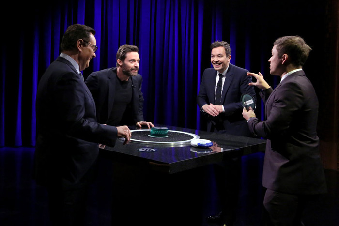 Announcer Steve Higgins, Hugh Jackman, Jimmy Fallon and Taron Egerton play Catchphrase