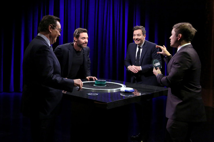 Announcer Steve Higgins, Hugh Jackman, Jimmy Fallon and Taron Egerton play Catchphrase