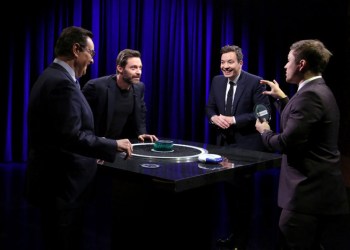 Announcer Steve Higgins, Hugh Jackman, Jimmy Fallon and Taron Egerton play Catchphrase