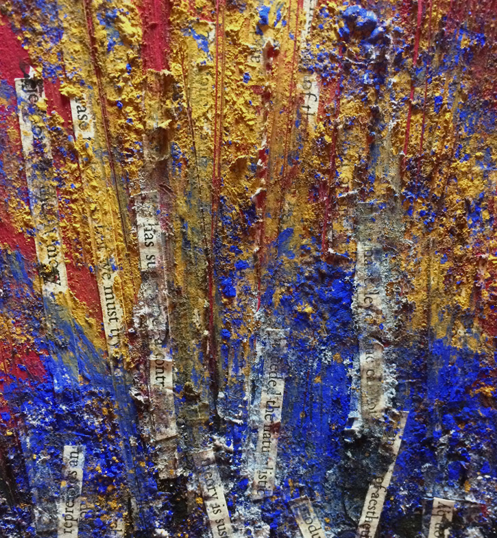 thick mixed media painting in red, blue and yellow with cutout words by Francis Klaess