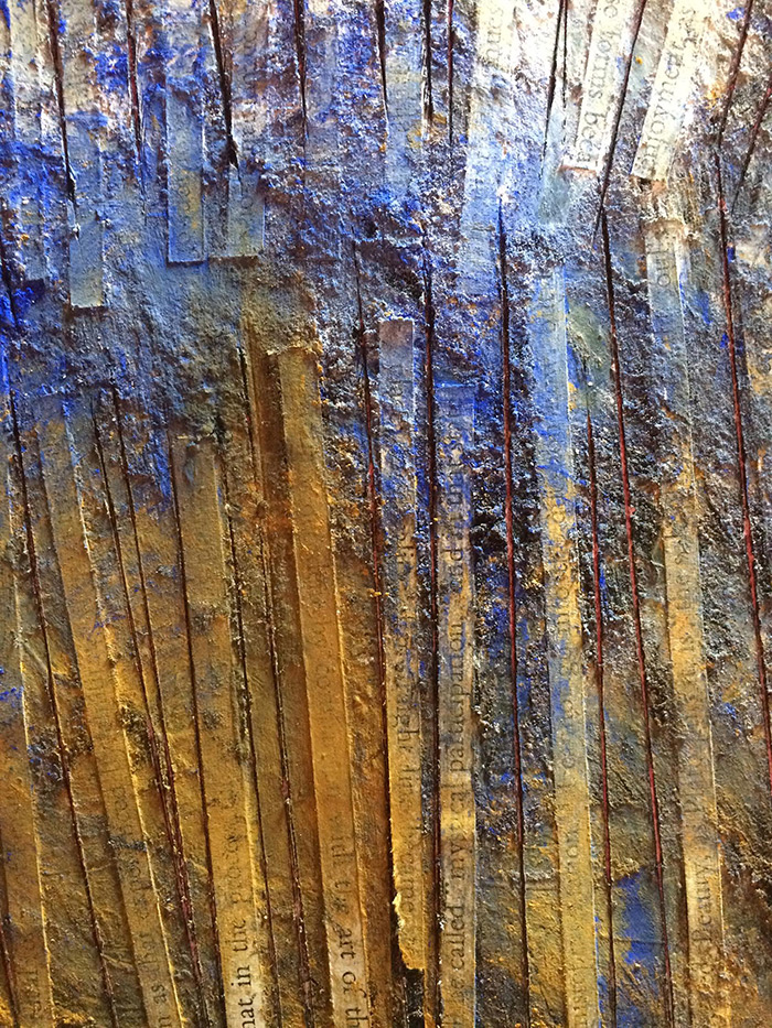 thick mixed media painting in blue and yellow with cutout words by Francis Klaess