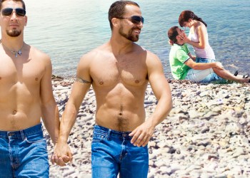 Gay couple mocks straight couple at the beach