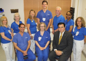 Eleanor Bratter, RN; Geri Karch, RN; Sharon Wicks, RN; Ryan Lovett, CST; Kevin Costello, RN; Sharon Bivins, Endoscopy Technician; and Kathy Goss, RN. (l. to. r, front row) Kristin Naso, DO; Susan Bonn, RN, CGRN, Endoscopy Clinical Coordinator; and Steve Georgopoulos, MD, Chief of Gastroenterology. Missing from photo: Shirley Jones, LPN and Margaret Pugsley, LPN