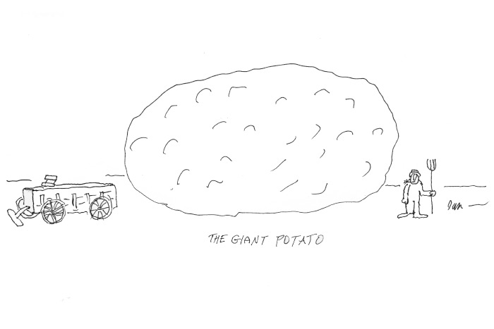 A hand drawn cartoon of a giant potato with a little man standing by it holding a pitchfork and a cart