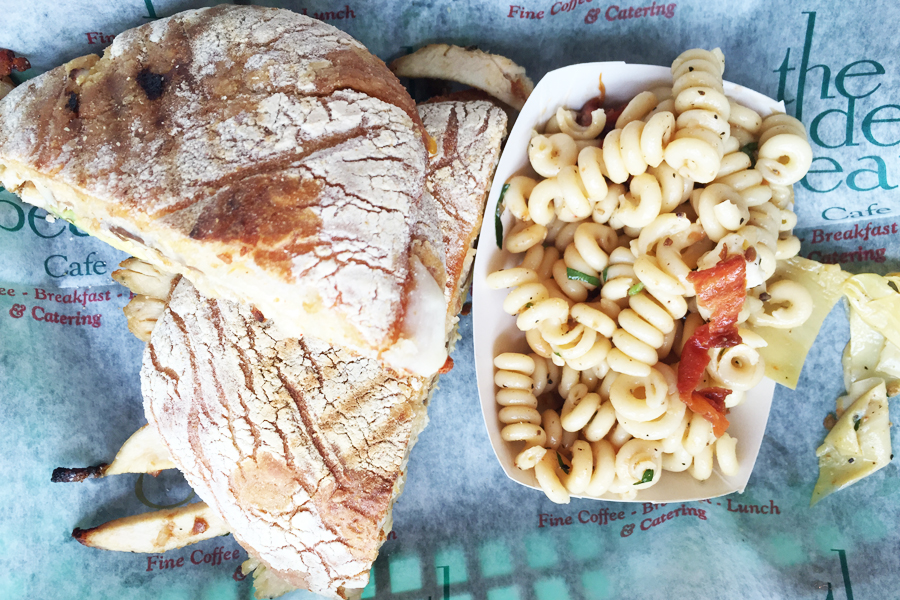 Golden Pear panini number 3 with a side of pasta salad.