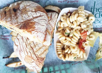 Golden Pear panini number 3 with a side of pasta salad.