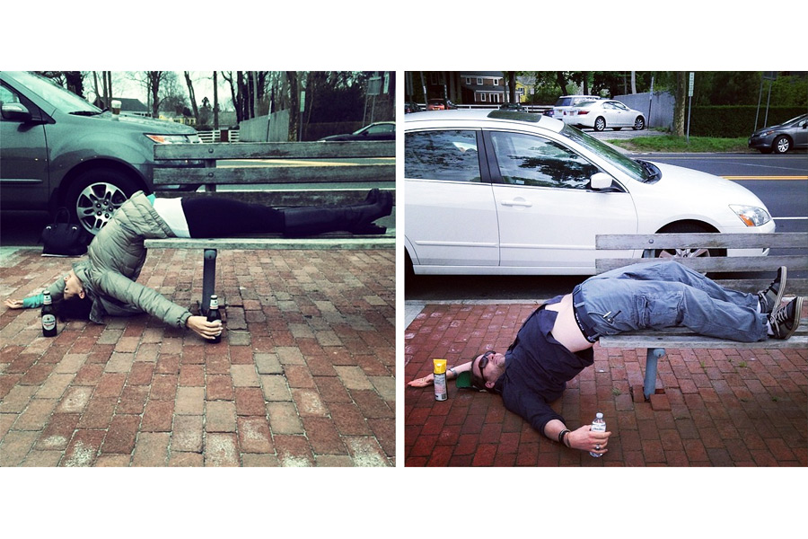 Left, Hilaria Baldwin in Bridgehampton. Right, DansPapers.com editor Oliver Peterson, on the same bench. Instagram