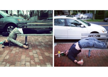 Left, Hilaria Baldwin in Bridgehampton. Right, DansPapers.com editor Oliver Peterson, on the same bench. Instagram