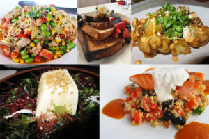 Hamptons restaurants food mashup: Dishes from (clockwise from top left) Southampton Social Club, 75 Main, Muse at The End, Momi Ramen and Plaza Cafe