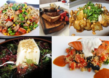 Hamptons restaurants food mashup: Dishes from (clockwise from top left) Southampton Social Club, 75 Main, Muse at The End, Momi Ramen and Plaza Cafe