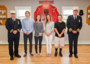 East Hampton Fire Department Chiefs Gerard Turza Jr. and Kenneth Wessberg Jr. with the 2015 East Hampton Fire Department Scholarship winners (L-R) Robert Anderson III, Jenna Budd, Lydia Budd and Ryan Bono at the fire department headquarters on Cedar Street.